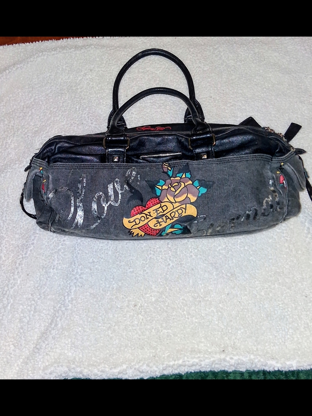 Ed Hardy Black Denim & Leather Logo Satchel